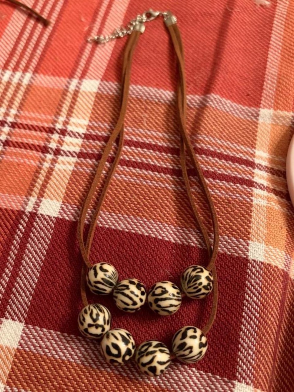 Brown Animal-Print Bead Necklace with Double Suede Straps